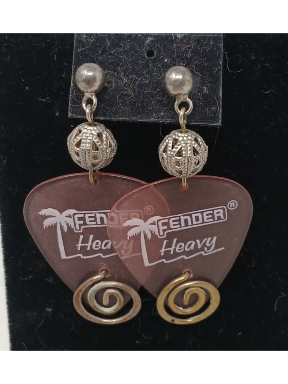 Fender Pink Heavy Guitar Pick Earrings SilverTone Bead Swirl Music Guitar #J1-Dp